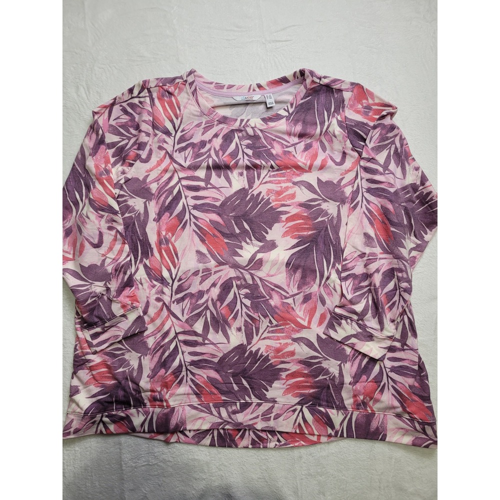 NWT Denim & Co Sweatshirt Womens 3X Pink Purple Tropical Leaf Print Pullover